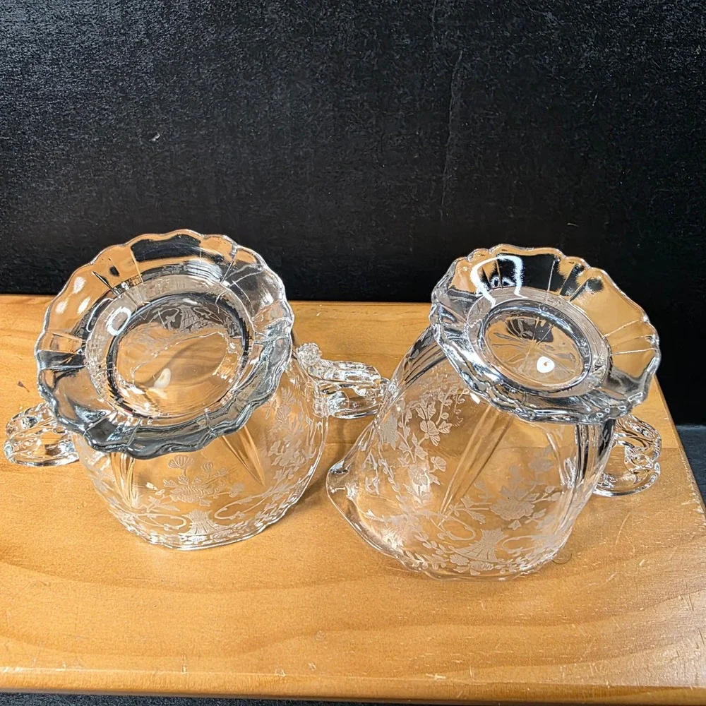 Crystal Glass Creamer and Sugar Bowl Set Etched Filigree Floral Holiday Wedding